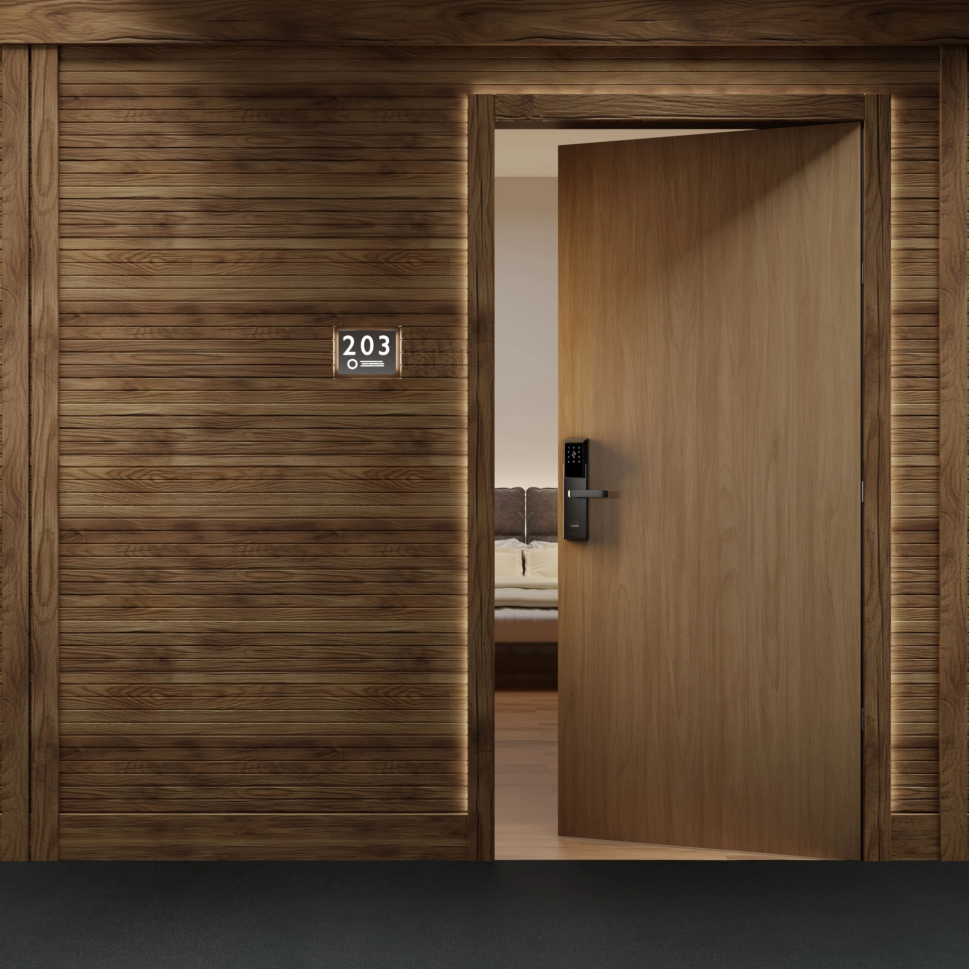 Hotel corridor with smart locks